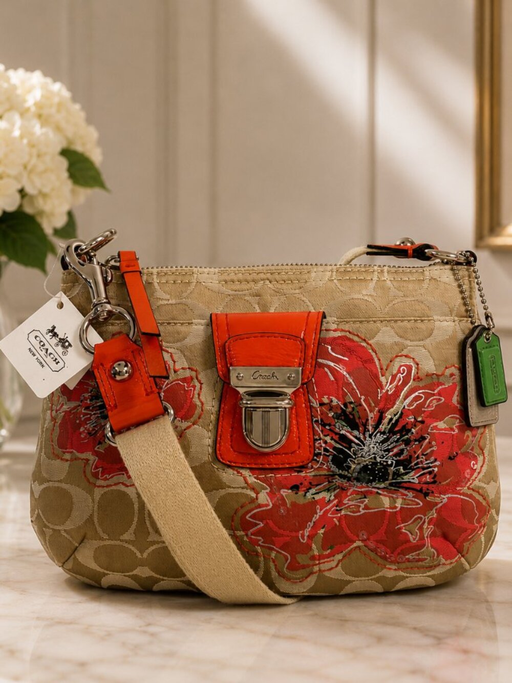 COACH Poppy 47075 Signature Floral Sequin Swingpack Crossbody Khaki Coral